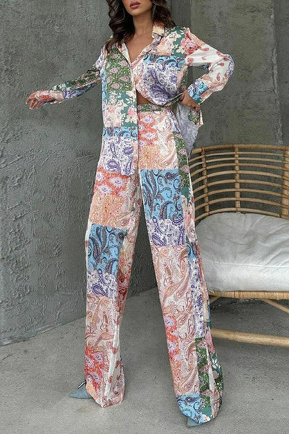Street National Totem Print Irregular Contrast Turndown Collar Long Sleeve Two Pieces