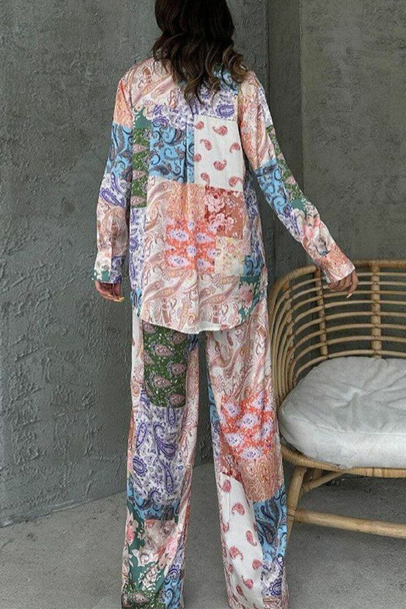 Street National Totem Print Irregular Contrast Turndown Collar Long Sleeve Two Pieces