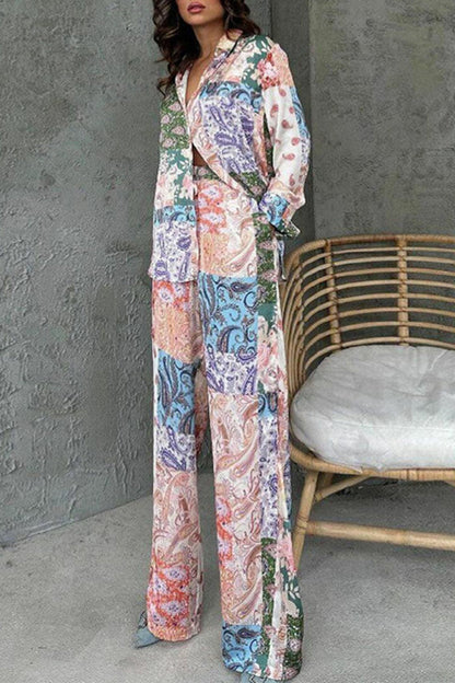 Street National Totem Print Irregular Contrast Turndown Collar Long Sleeve Two Pieces