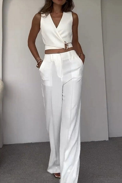Daily Color Pocket Cross Straps V Neck Sleeveless Two Pieces