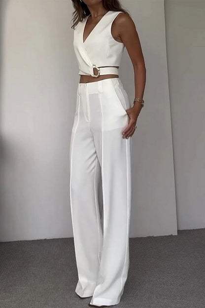 Daily Color Pocket Cross Straps V Neck Sleeveless Two Pieces