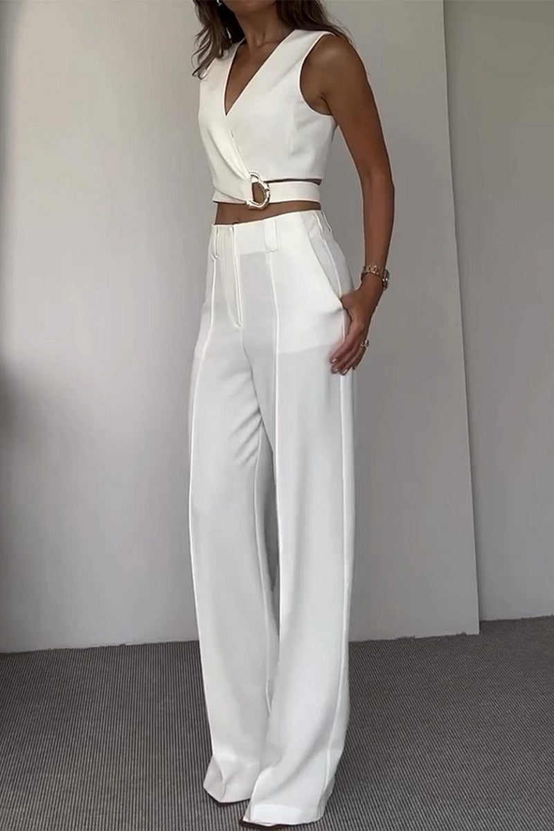 Daily Color Pocket Cross Straps V Neck Sleeveless Two Pieces