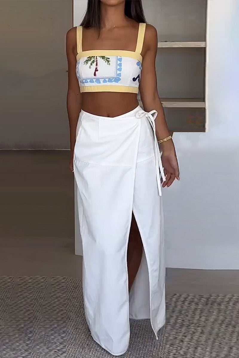 Vacation Plants Print Lace Up Slit Square Neck Sleeveless Two Pieces
