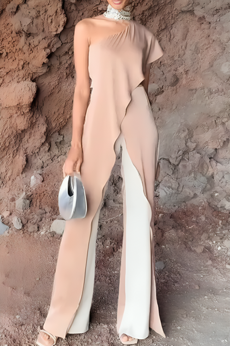 Color Patchwork Ruffle Slit Sloping Shoulder Jumpsuits