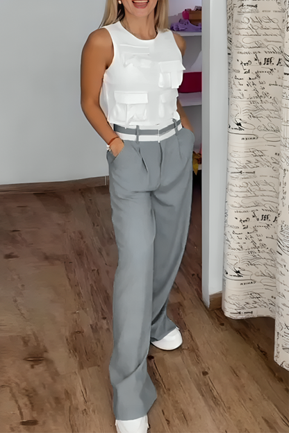 Street Color Pocket Patchwork O Neck Sleeveless Two Pieces