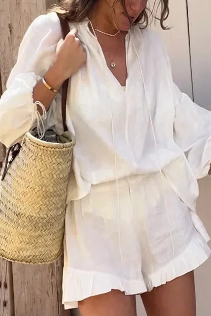 Daily Color Lace Up V Neck Long Sleeve Two Pieces