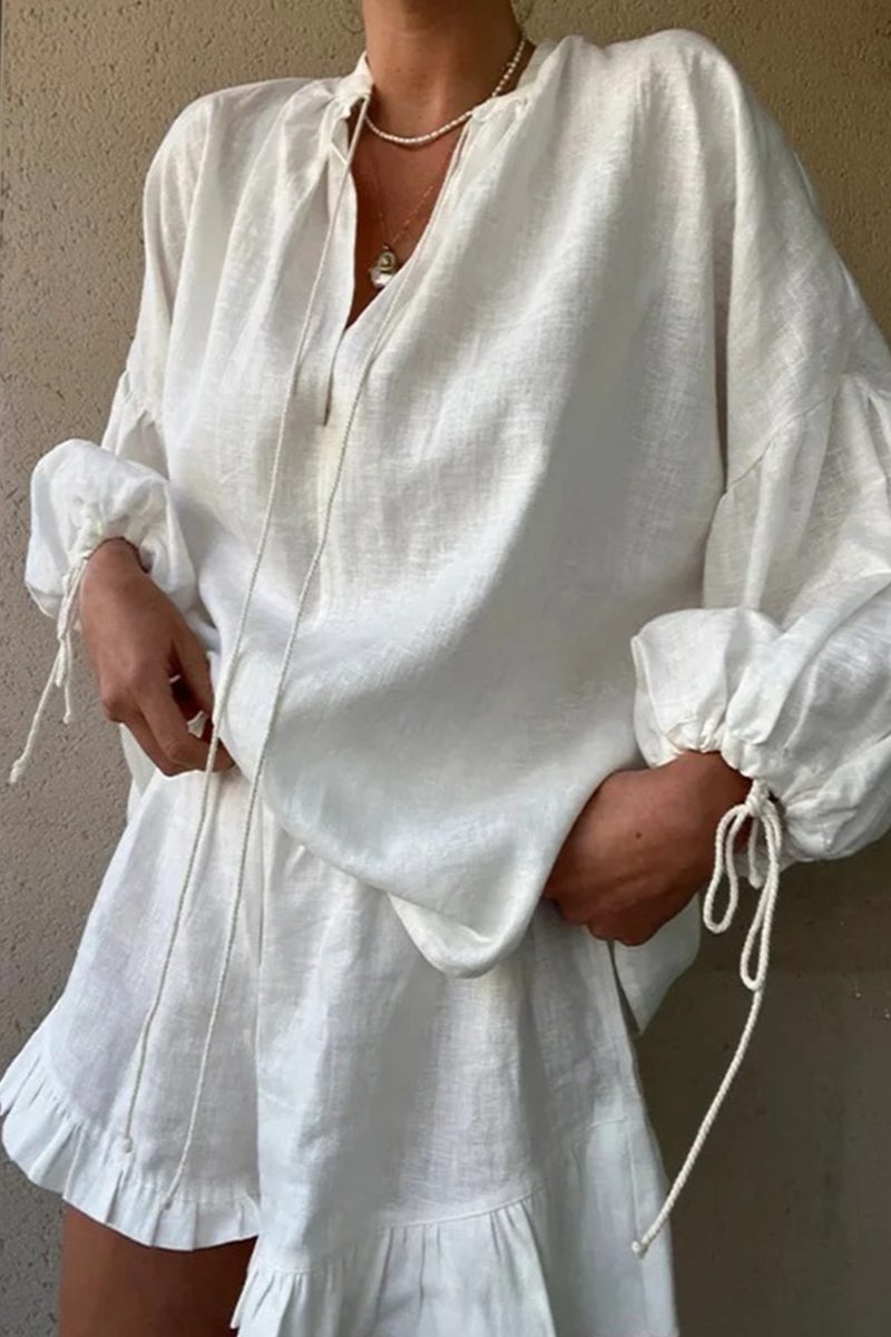 Daily Color Lace Up V Neck Long Sleeve Two Pieces