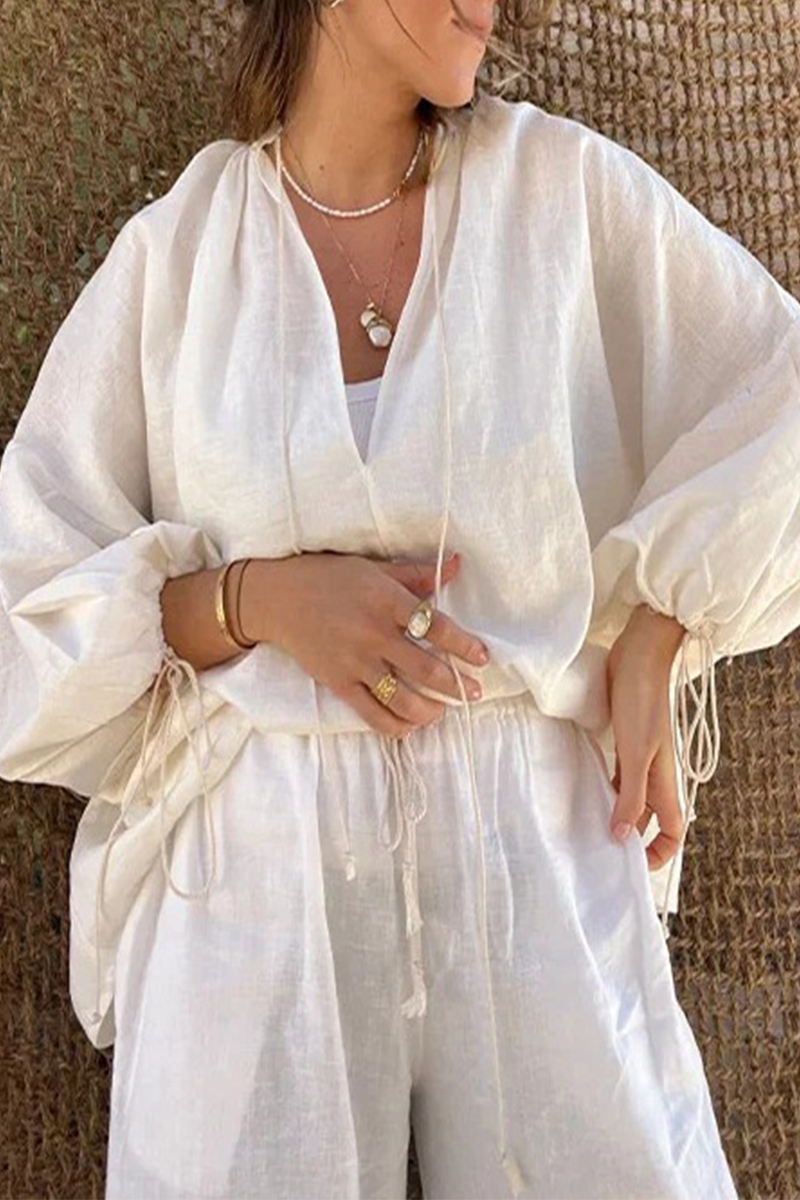Daily Color Lace Up V Neck Long Sleeve Two Pieces