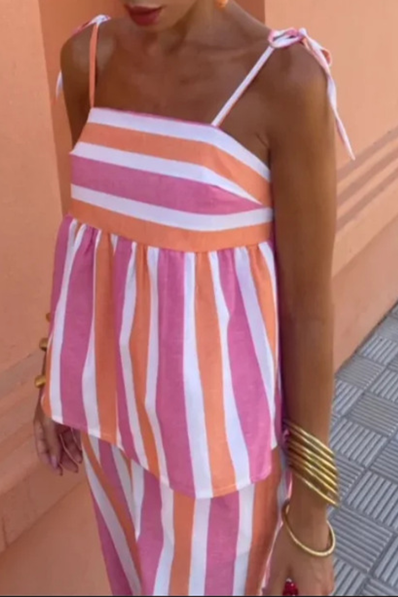 Striped Print Contrast Square Neck Two Pieces