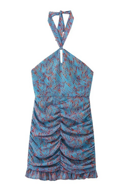 Geometric Print Lace Up Contrast Halter One Step Skirt Dresses