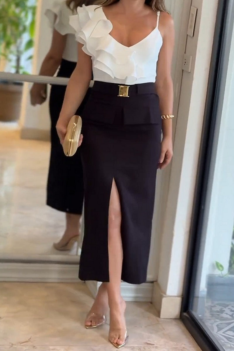 Celebrities Color Ruffle Slit With Belt V Neck Sleeveless Two Pieces