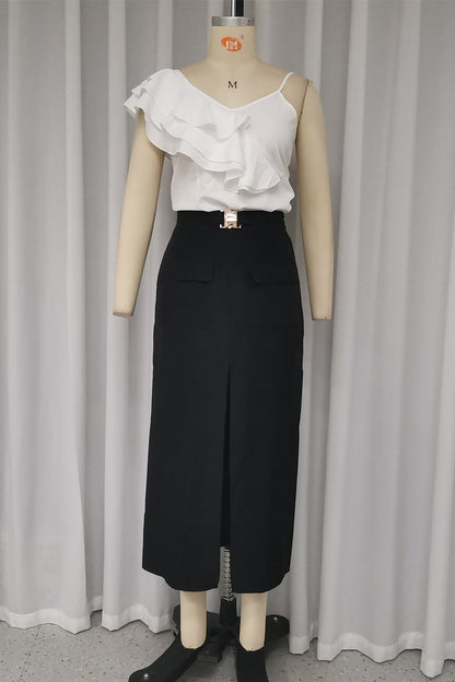 Celebrities Color Ruffle Slit With Belt V Neck Sleeveless Two Pieces