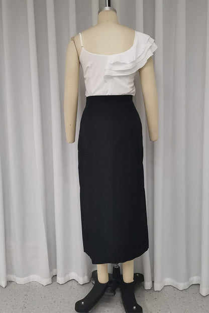 Celebrities Color Ruffle Slit With Belt V Neck Sleeveless Two Pieces