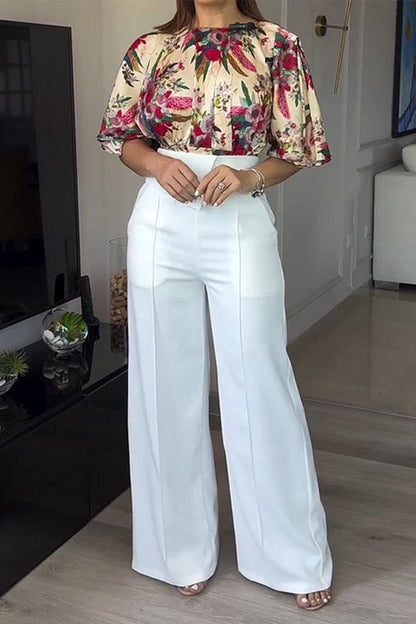 Print Pocket O Neck Short Sleeve Two Pieces