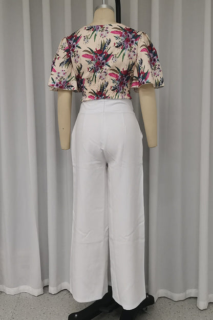 Print Pocket O Neck Short Sleeve Two Pieces