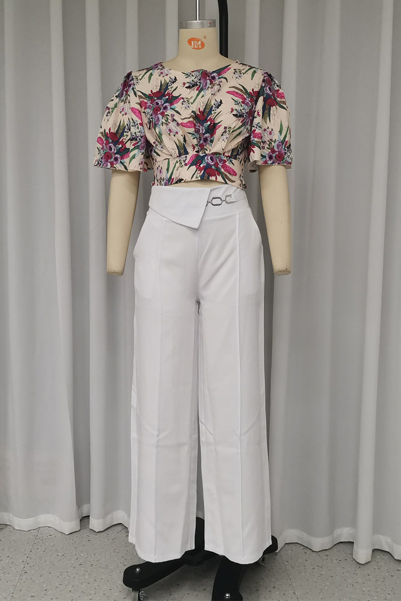Print Pocket O Neck Short Sleeve Two Pieces