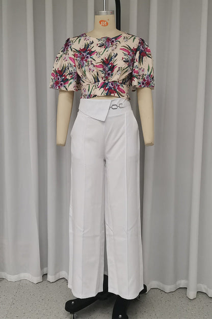 Print Pocket O Neck Short Sleeve Two Pieces