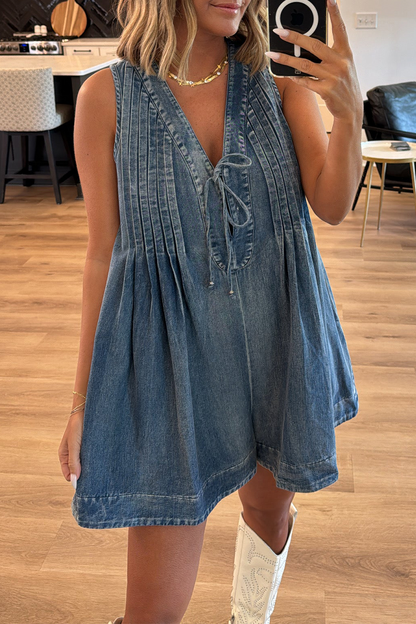 Daily Color Distressed Lace Up V Neck Sleeveless Loose Denim Jumpsuits