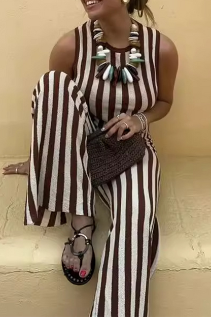 Street Stripe Weave O Neck Sleeveless Two Pieces