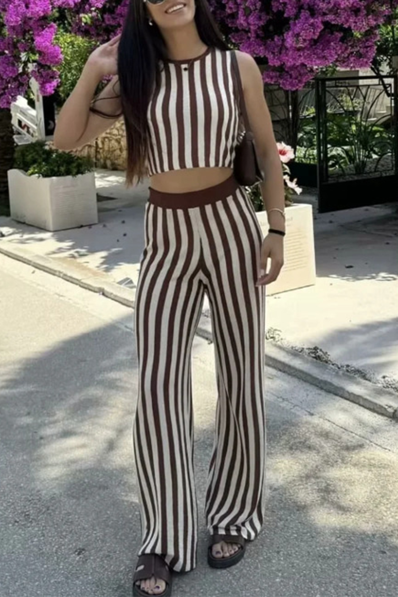 Street Stripe Weave O Neck Sleeveless Two Pieces