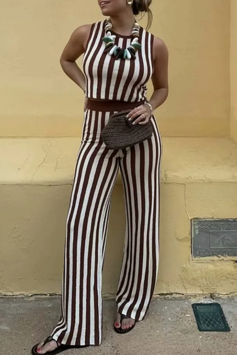 Street Stripe Weave O Neck Sleeveless Two Pieces