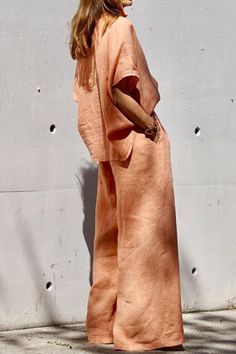 Daily Color Pocket Turndown Collar Half Sleeve Two Pieces