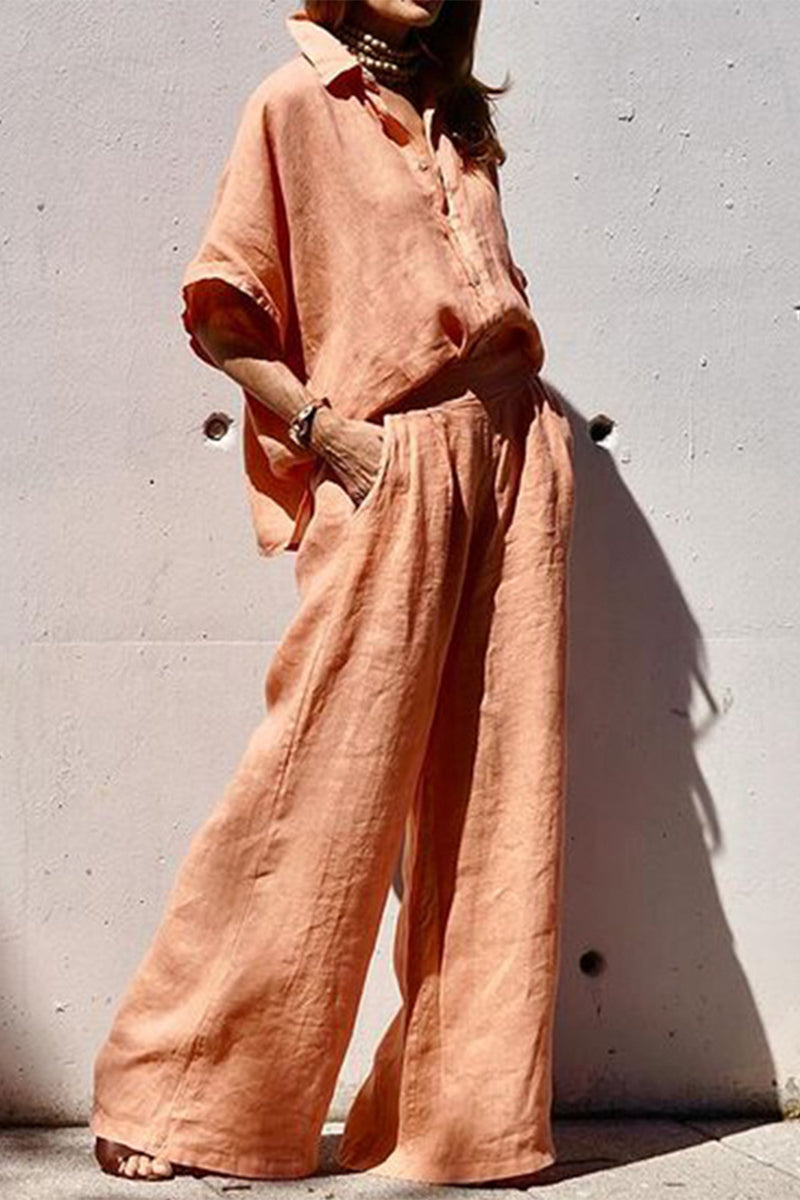 Daily Color Pocket Turndown Collar Half Sleeve Two Pieces