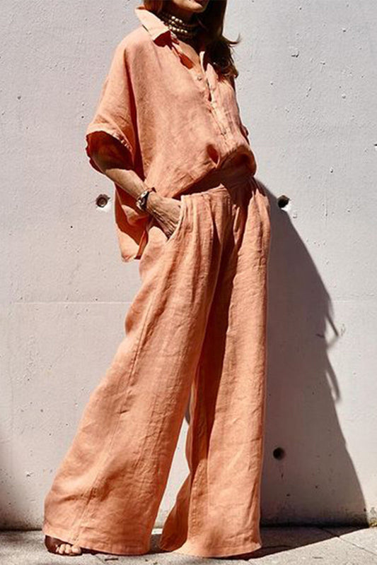 Daily Color Pocket Turndown Collar Half Sleeve Two Pieces