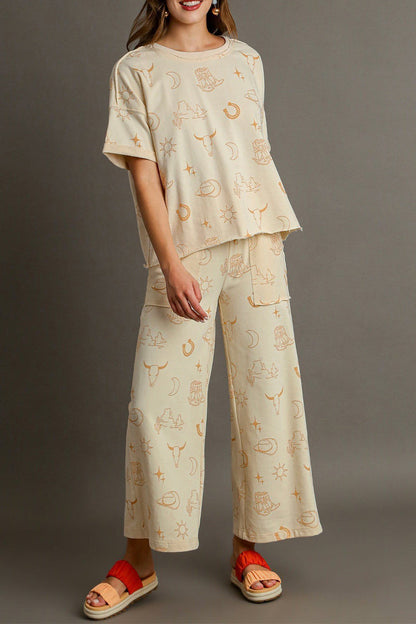 Street Graffiti Print Pocket O Neck Short Sleeve Two Pieces