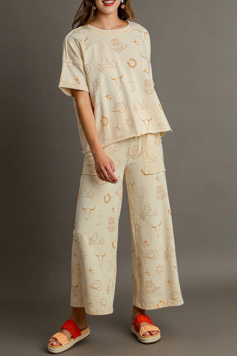 Street Graffiti Print Pocket O Neck Short Sleeve Two Pieces