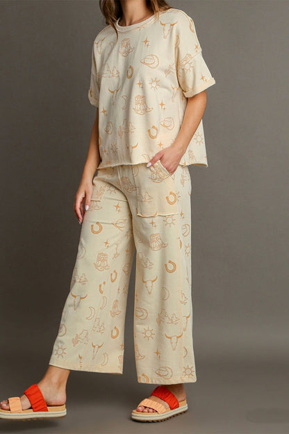 Street Graffiti Print Pocket O Neck Short Sleeve Two Pieces