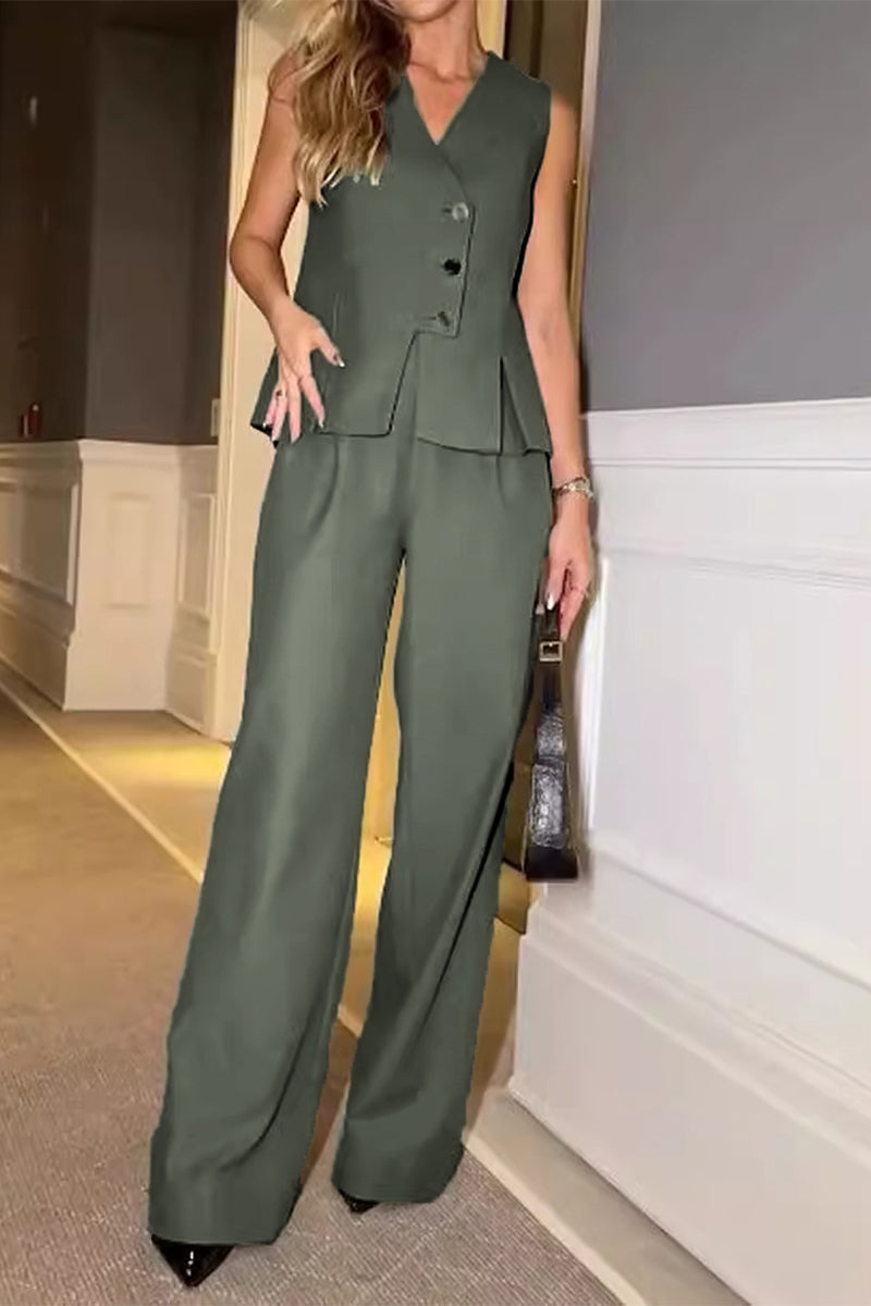 Street Color Buttons V Neck Sleeveless Two Pieces
