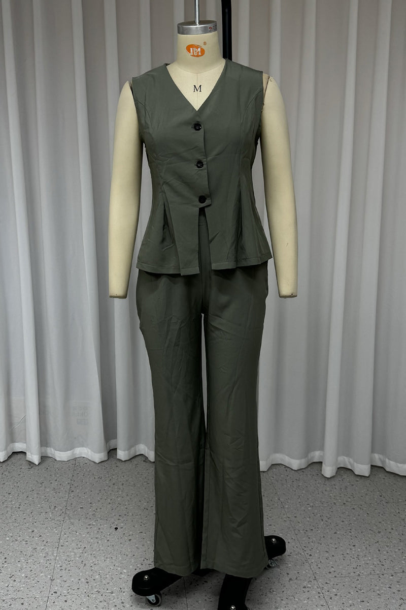 Street Color Buttons V Neck Sleeveless Two Pieces