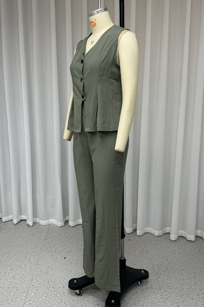 Street Color Buttons V Neck Sleeveless Two Pieces