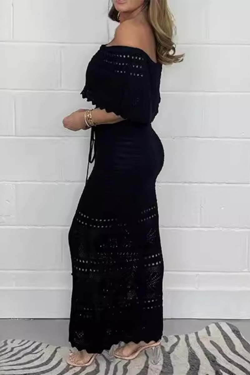 Color Hollow Out Weave Off Shoulder One Step Skirt Dresses