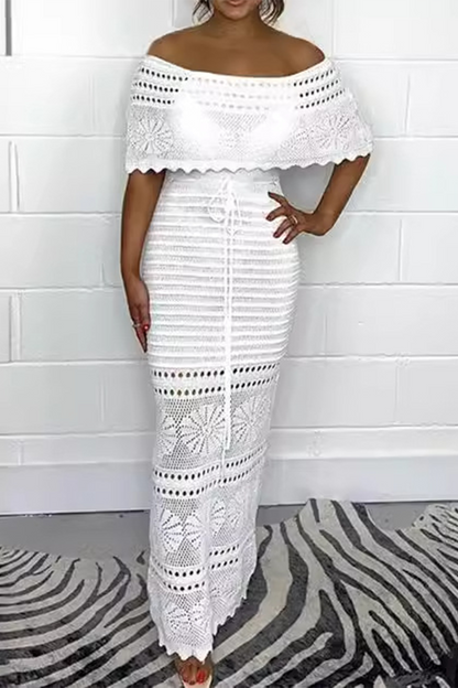 Color Hollow Out Weave Off Shoulder One Step Skirt Dresses