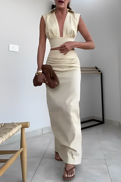 Color Ruched V Neck Sleeveless Two Pieces