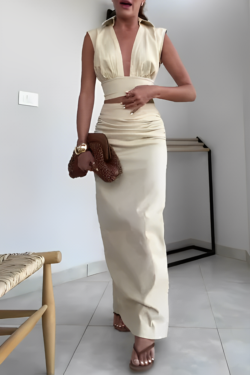 Color Ruched V Neck Sleeveless Two Pieces