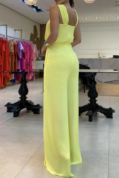 Color Patchwork Backless V Neck Regular Jumpsuits