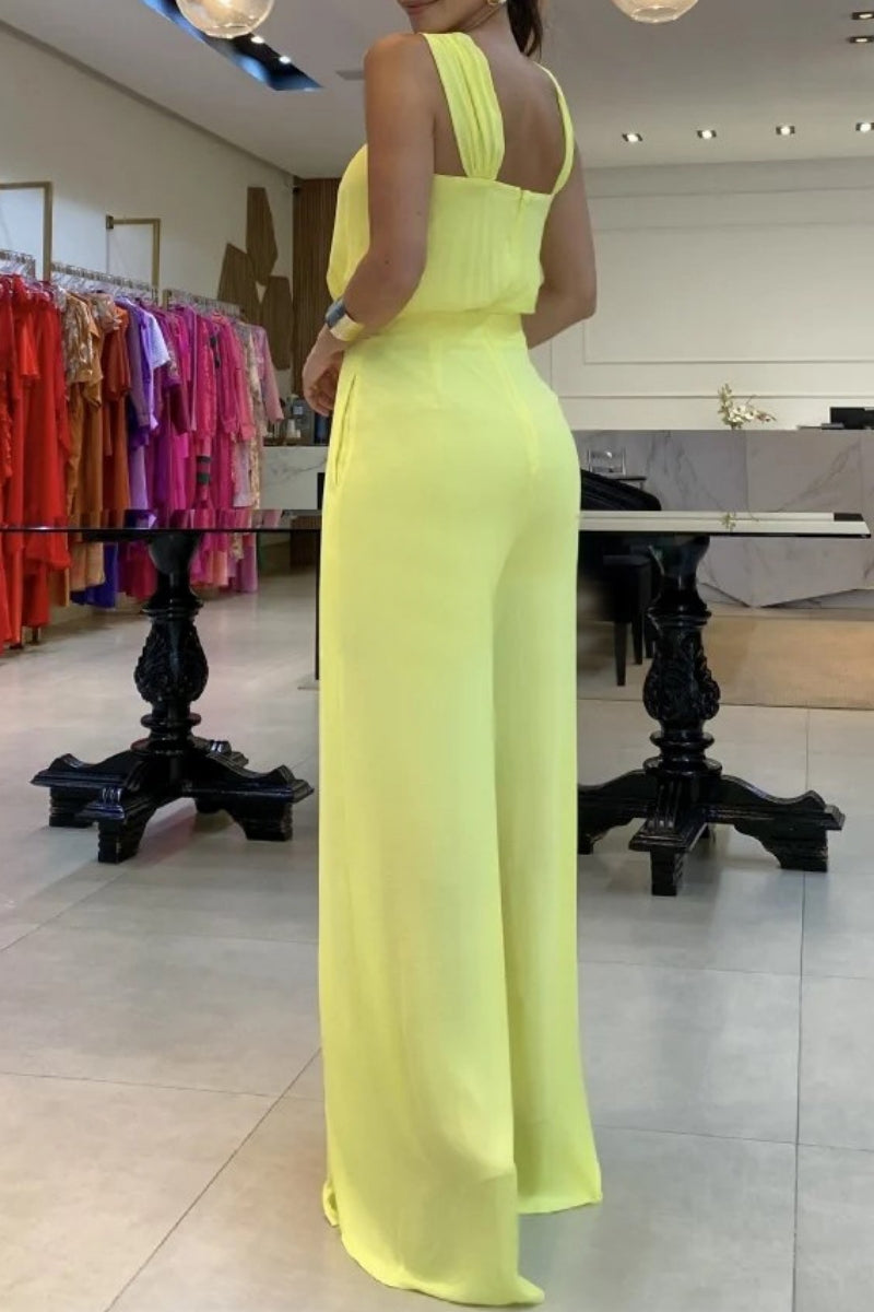 Color Patchwork Backless V Neck Regular Jumpsuits
