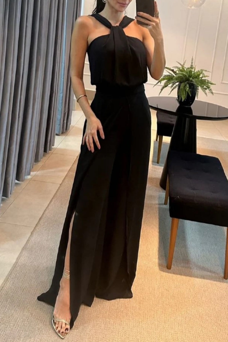 Color Patchwork Backless V Neck Regular Jumpsuits