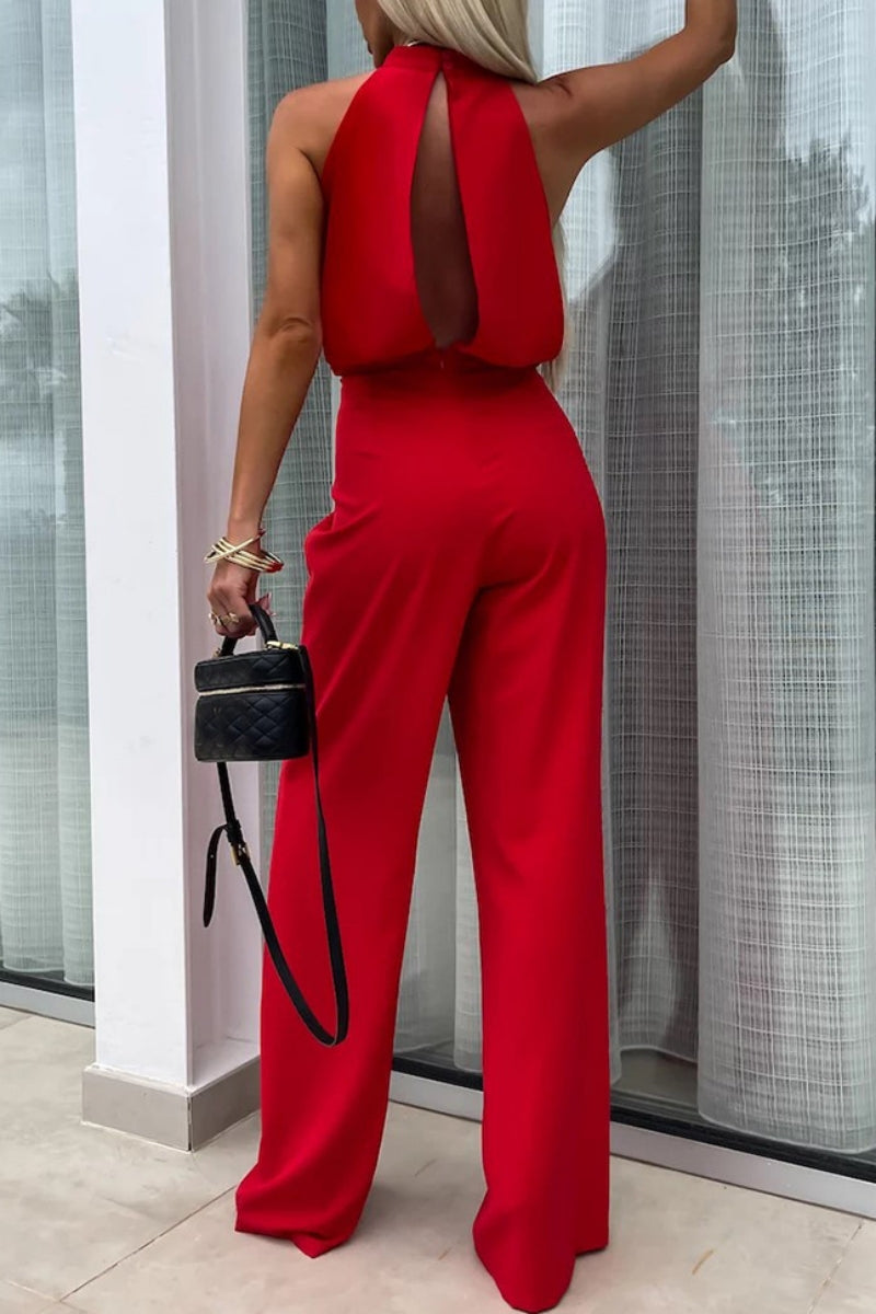Color Hollow Out Patchwork Half a Turtleneck Regular Jumpsuits(4 Colors)