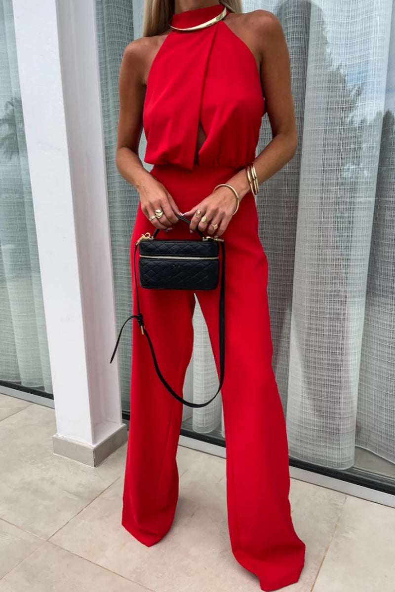 Color Hollow Out Patchwork Half a Turtleneck Regular Jumpsuits(4 Colors)