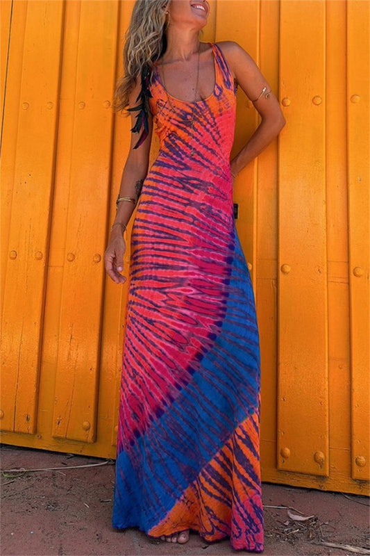 Print Backless U Neck Long Dresses(3 Colors)