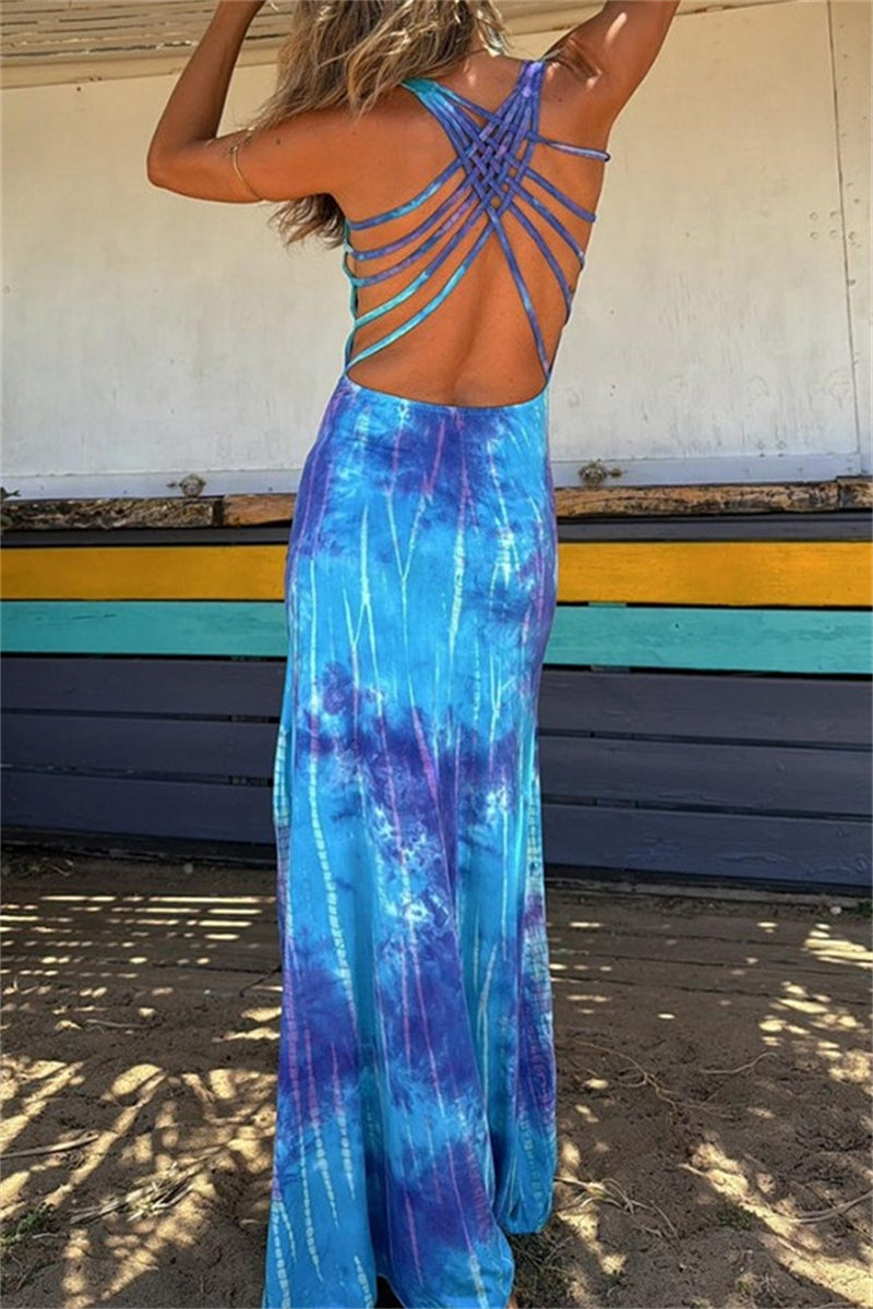Print Backless U Neck Long Dresses(3 Colors)