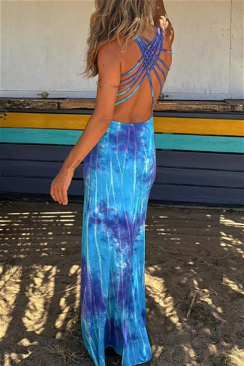 Print Backless U Neck Long Dresses(3 Colors)