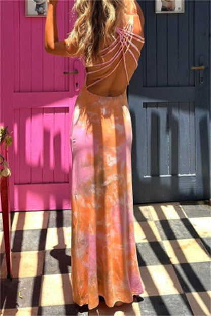 Print Backless U Neck Long Dresses(3 Colors)