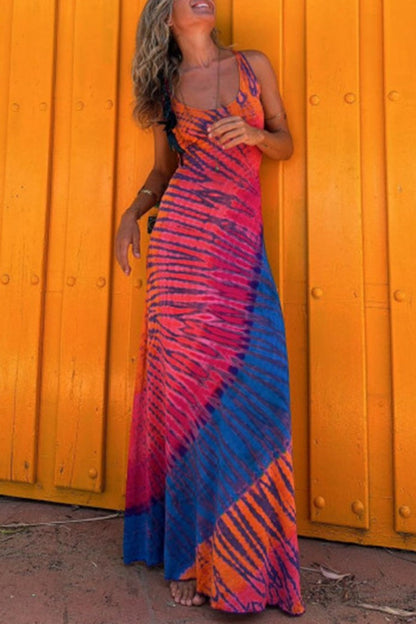 Print Backless U Neck Long Dresses(3 Colors)