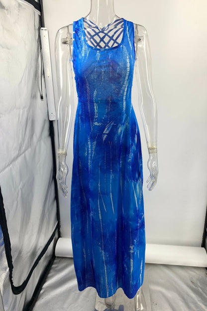 Print Backless U Neck Long Dresses(3 Colors)