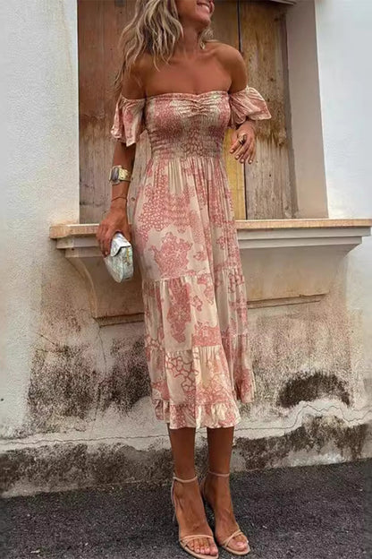 Print Patchwork Ruffle Off Shoulder Cake Skirt Dresses